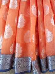 Mandarin Orange Banarasi Cotton Silk Saree with Contrast Border & Anchal, Silver Zari Work