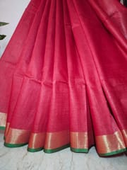 Smart and Elegant Bhagalpur Pure Linen saree in Tomato Red with Gold Zari Border