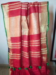 Smart and Elegant Bhagalpur Pure Linen saree in Tomato Red with Gold Zari Border