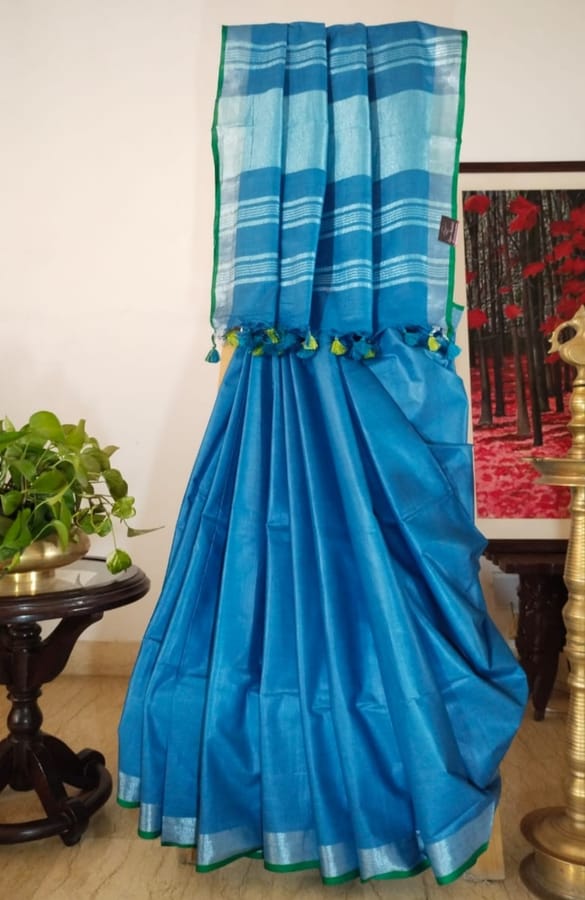 Smart and Elegant Bhagalpur Pure Linen saree in Cyan Blue with Silver Zari Border