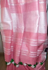 Smart and Elegant Bhagalpur Pure Linen saree in Carnation Pink with Silver Zari Border