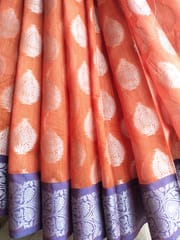 Banarasi Pure Linen Saree in Orange with Contrast Border and Anchal & Silver zari work