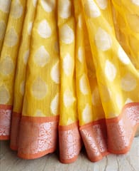 Banarasi Pure Linen Saree in Canary Yellow with Contrast Border and Anchal & Silver zari work