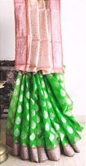 Banarasi Pure Linen Saree in Fern Green with Contrast Border and Anchal & Silver zari work