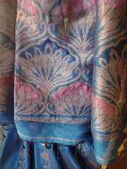 Bengal Pure Linen Saree in Ocean Blue with Beautiful Copper Zari Work