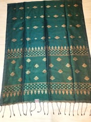 Bengal Pure Linen Saree in Forest Green with Beautiful Gold Zari Work