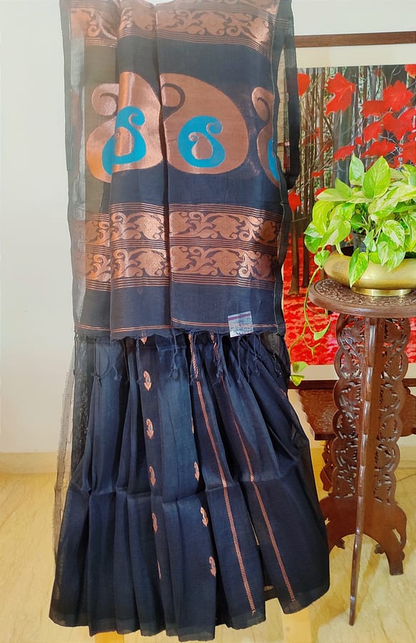 Bengal Pure Linen Saree in Smart Black with Beautiful Copper Zari Work