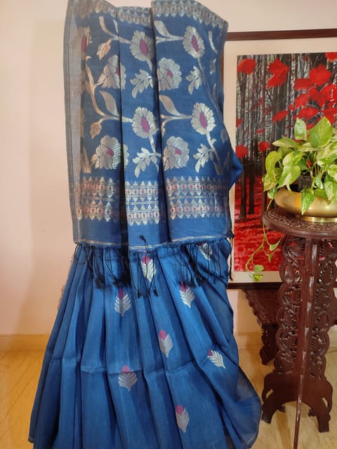 Bengal Pure Linen Saree in Indigo Blue with Beautiful Gold Zari Work
