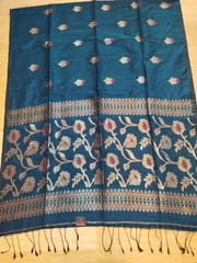 Bengal Pure Linen Saree in Indigo Blue with Beautiful Gold Zari Work