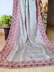 Bluish Grey Pure Tussar Silk Saree with Beautiful Embroidery