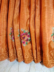 Rust Orange Pure Tussar Silk Saree with Beautiful Embroidery