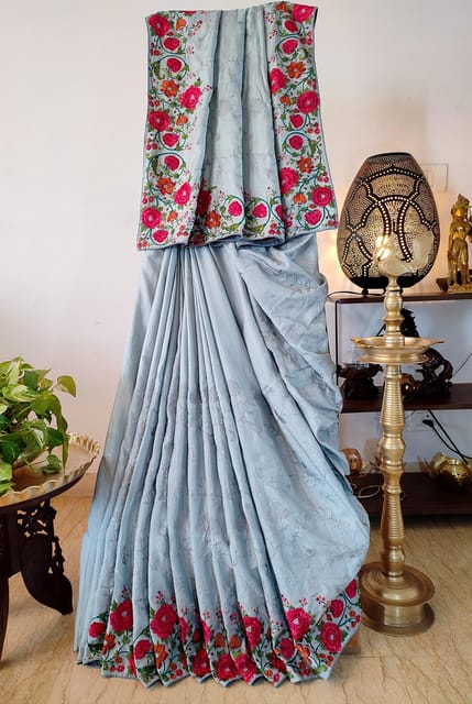 Bluish Grey Pure Tussar Silk Saree with Beautiful Rose Embroidery
