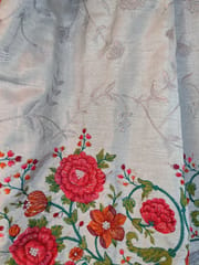 Bluish Grey Pure Tussar Silk Saree with Beautiful Rose Embroidery