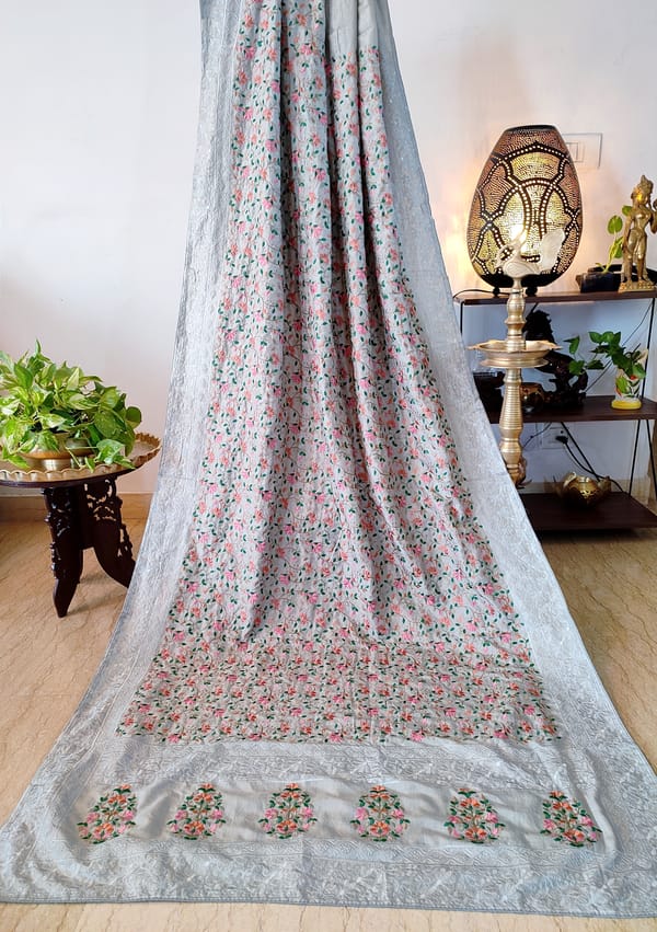 Bluish Grey Pure Tussar Silk Saree with Beautiful Floral Jaal Embroidery