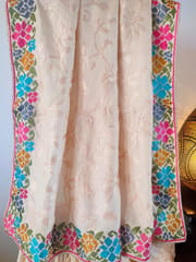 Classic Cream Coloured Pure Tussar Silk Saree with Beautiful Embroidery