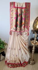 Rich Cream Coloured Kashmiri Silk Saree with Beautiful Paithani Border and Aanchal