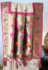 Rich Cream Coloured Kashmiri Silk Saree with Beautiful Paithani Border and Aanchal