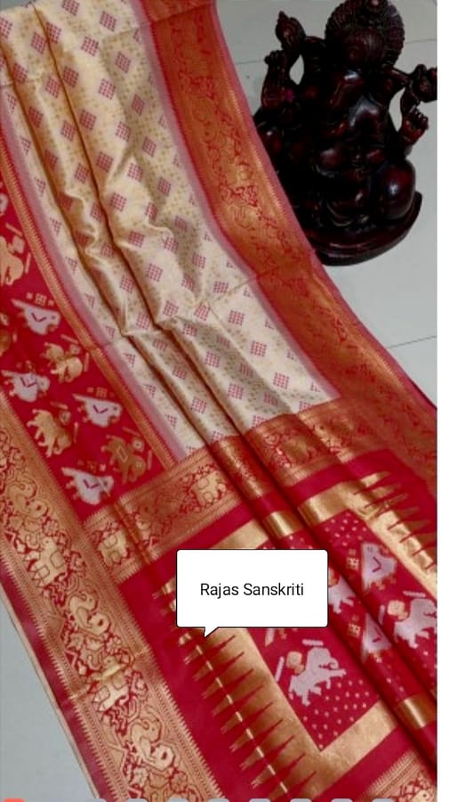 Patola Silk Saree in Cream and Red Colour with Golden Zari Work