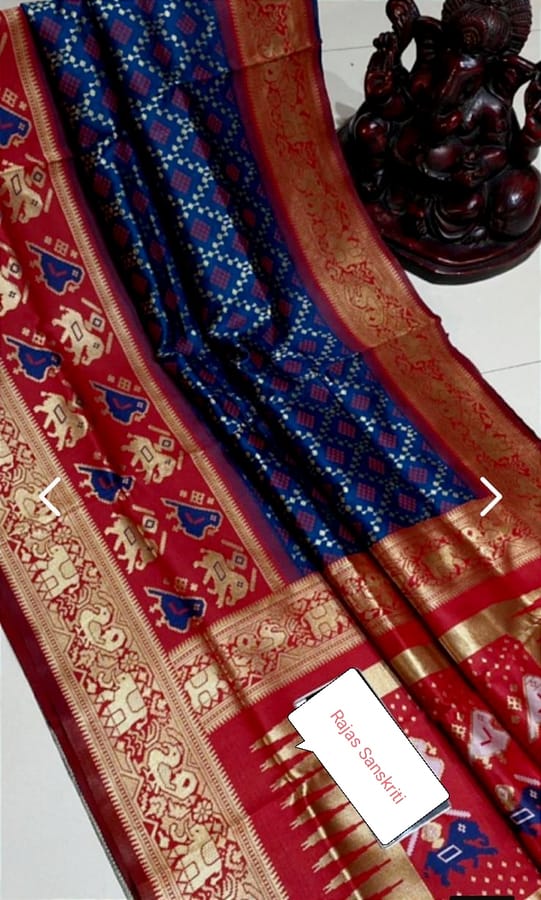 Beautiful Patola Silk Saree in Royal Blue and Red with Golden Zari Work