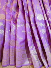 Lilac Colored Pure Banarasi Kataan Silk Saree With Jangla Jaal Zari Work