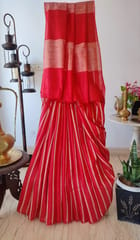 Pure Bhagalpuri Silk In Crimson Red with Off White Vertical Stripes