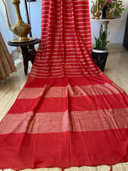 Pure Bhagalpuri Silk In Crimson Red with Off White Vertical Stripes
