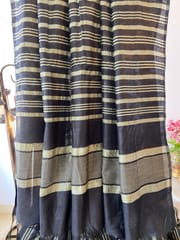 Pure Bhagalpuri Silk In Charcoal Black with Off White Vertical Stripes