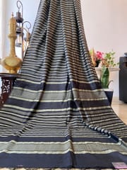 Pure Bhagalpuri Silk In Charcoal Black with Off White Vertical Stripes