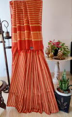 Pure Bhagalpuri Silk In Rust Orange with Off White Vertical Stripes