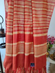 Pure Bhagalpuri Silk In Rust Orange with Off White Vertical Stripes