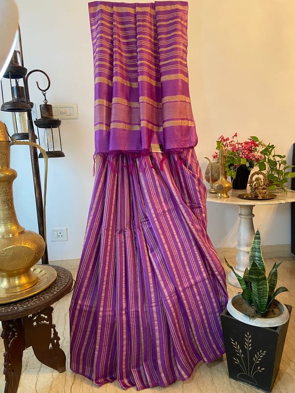 Pure Bhagalpuri Silk In Purple Color with Off White Vertical Stripes