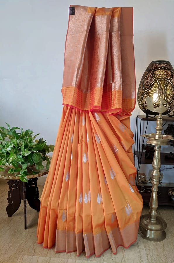 Pure Banarasi Silk Saree in Marigold Orange with Heavy Zari work