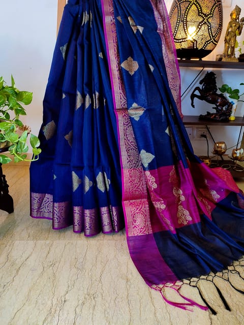 Banarasi Raw Silk Saree In Navy Blue with Contrast Pink Border & Anchal with Zari Work