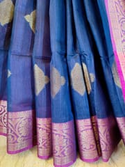 Banarasi Raw Silk Saree In Navy Blue with Contrast Pink Border & Anchal with Zari Work