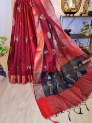 Banarasi Raw Silk Saree In Maroonish Cherry Red with Orange Border & Contrast Black Anchal with Zari Work