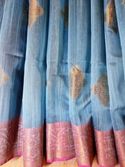 Banarasi Raw Silk Saree In Azure Blue with Light Pink Border & Contrast Navy Blue Anchal with Zari Work