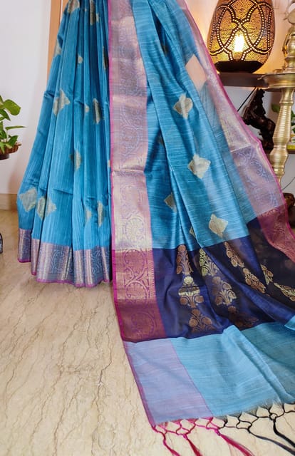 Banarasi Raw Silk Saree In Azure Blue with Light Pink Border & Contrast Navy Blue Anchal with Zari Work