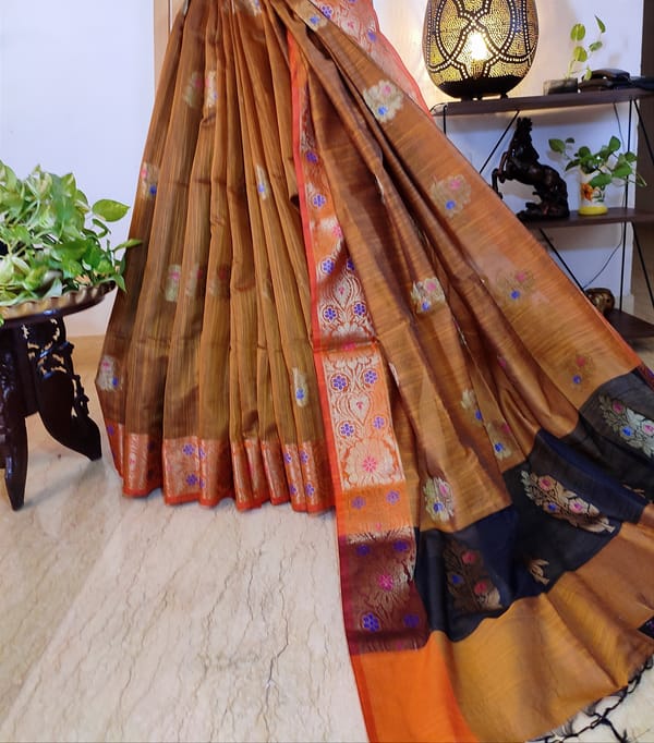 Banarasi Raw Silk Saree In Golden Yellow with Orange Borders & Contrast Black Anchal with Zari Work