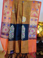 Banarasi Raw Silk Saree In Golden Yellow with Orange Borders & Contrast Black Anchal with Zari Work