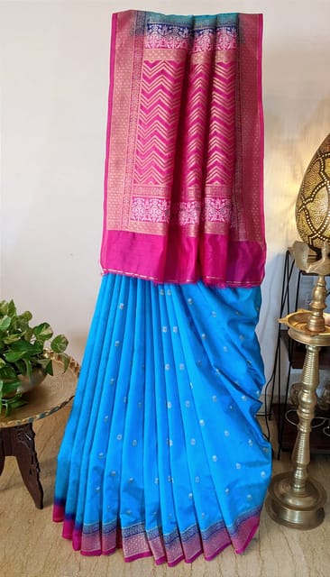 Pure Banarsi Silk Saree in Azure Blue with Rani Pink Border with Zari Butis All Over