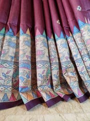Pure Ghicha Tussar Silk Saree in Wine colour with Beautiful Madhubani Block Print