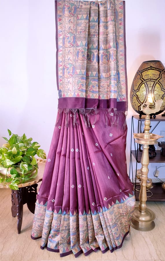 Pure Ghicha Tussar Silk Saree in Wine colour with Beautiful Madhubani Block Print