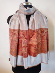Pashmina Silk Stole with Self Weaving and Multicolor Kashmiri Weaving at Borders - Silver