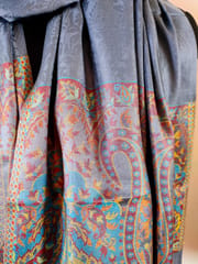 Pashmina Silk Stole with Self Weaving and Multicolor Kashmiri Weaving at Borders - Bluish Grey