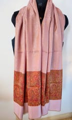 Pashmina Silk Stole with Self Weaving and Multicolor Kashmiri Weaving at Borders - Light Pink