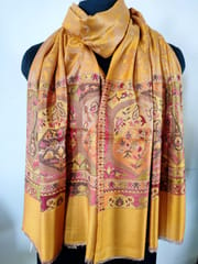 Pashmina Silk Stole with Self Weaving and Multicolor Kashmiri Weaving at Borders - Canary Yellow