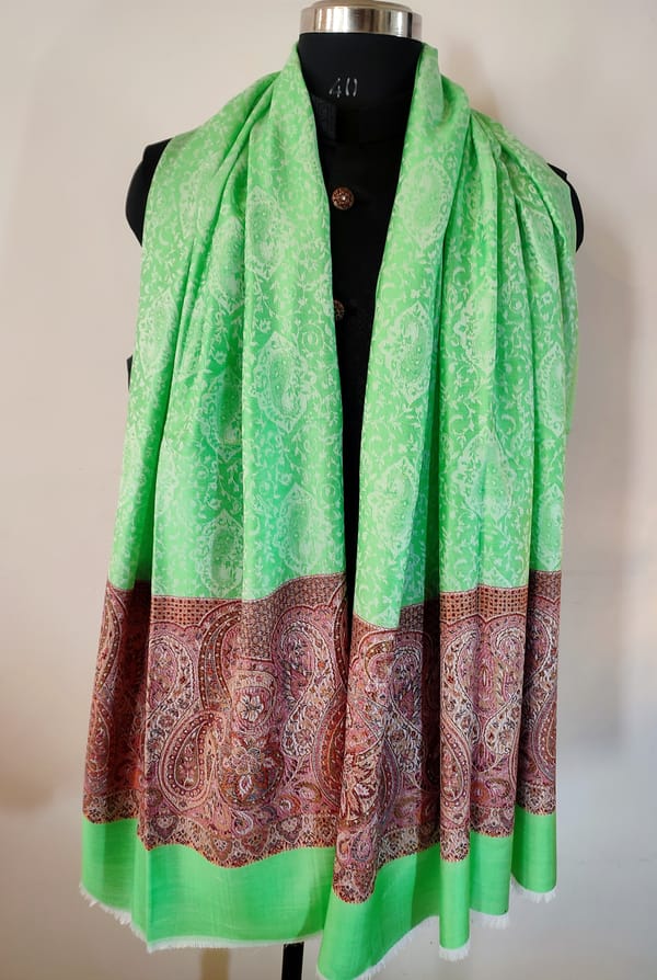 Pashmina Silk Stole with Self Weaving and Multicolor Kashmiri Weaving at Borders - Lime Green