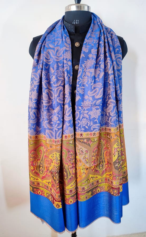 Pashmina Silk Stole with Self Weaving and Multicolor Kashmiri Weaving at Borders - Cobalt Blue