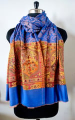 Pashmina Silk Stole with Self Weaving and Multicolor Kashmiri Weaving at Borders - Cobalt Blue
