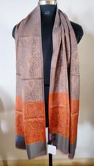 Pashmina Silk Stole with Self Weaving and Multicolor Kashmiri Weaving at Borders - Light Brown